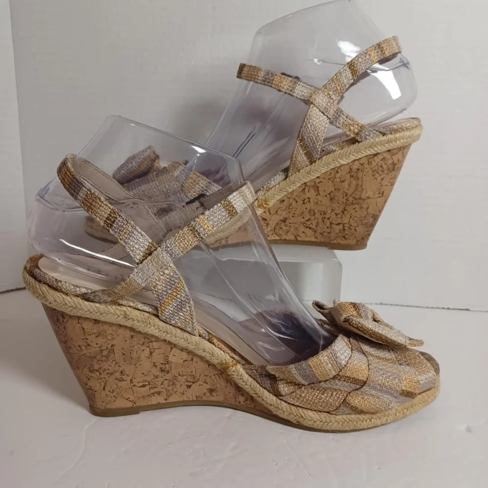 Rialto Cork Wedge Slingback Knitted Pink/Brown Plaid Bow Accent Open Toe Sz‎ 9
